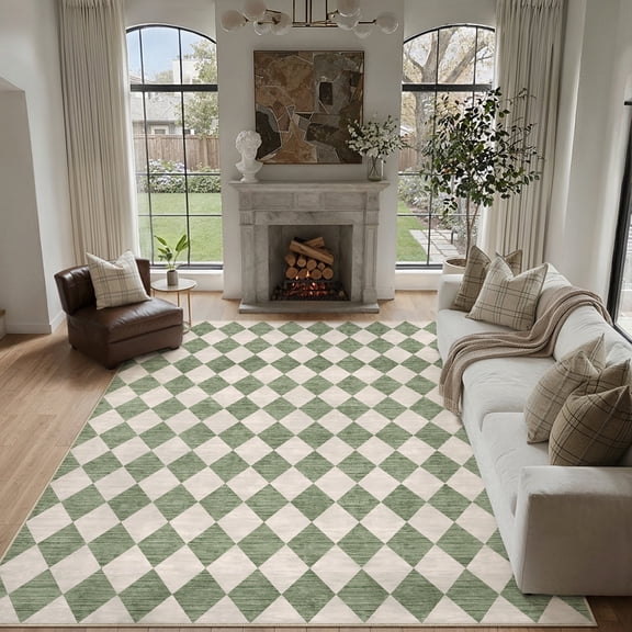 BERTHMEER 8'x10' Large Area Rugs for Living Room Modern Rhombus Checkered Rugs Bedroom Office Dining Room Farmhouse Geometric Contemporary Washable Non Slip Rugs Carpets, Green