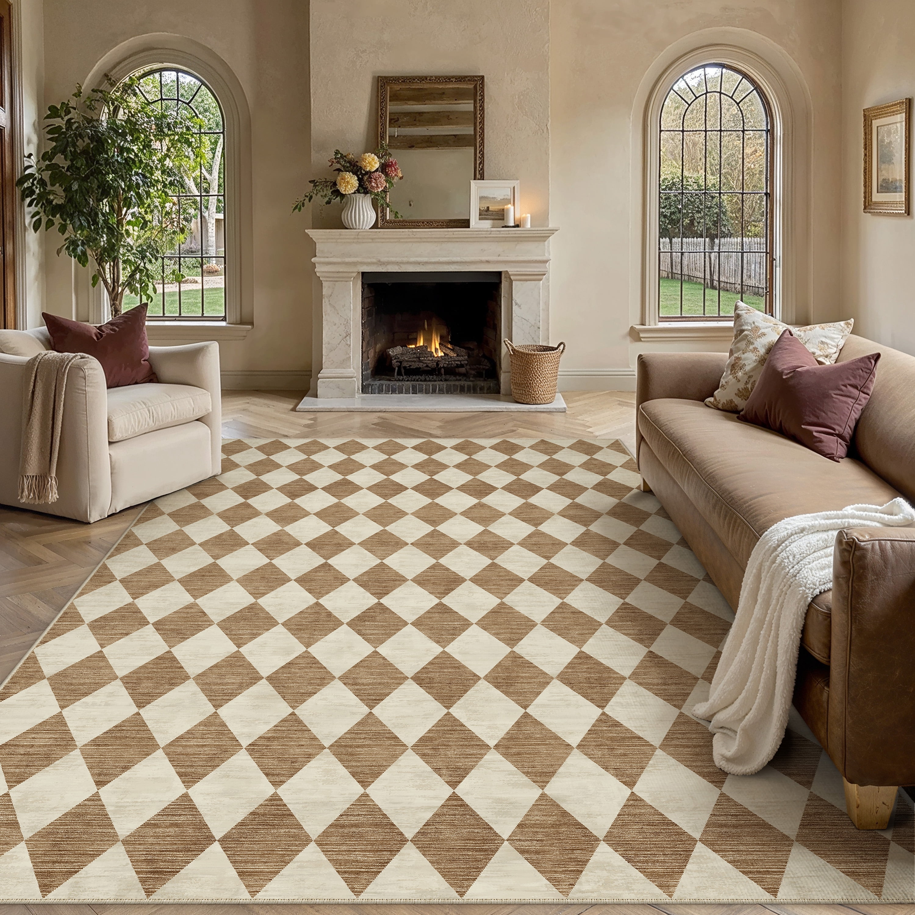 berthmeer 8'x10' large area rugs for living room modern rhombus checkered rugs bedroom office dining room farmhouse geometric contemporary washable non slip rugs carpets, brown