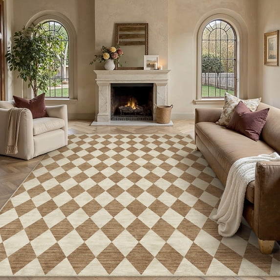 BERTHMEER 8'x10' Large Area Rugs for Living Room Modern Rhombus Checkered Rugs Bedroom Office Dining Room Farmhouse Geometric Contemporary Washable Non Slip Rugs Carpets, Brown