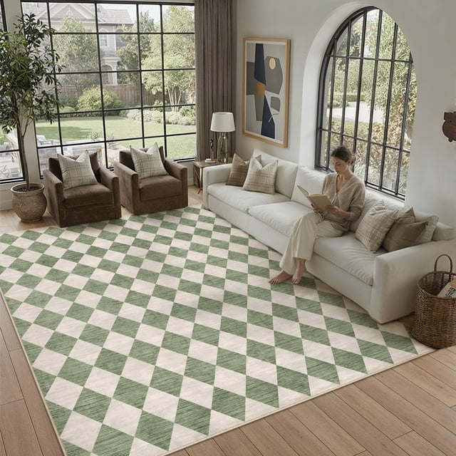 BERTHMEER 8'x10' Large Area Rugs for Living Room Modern Rhombus Checkered Rugs Bedroom Office Dining Room Farmhouse Geometric Contemporary Washable Non Slip Rugs Carpets, Green