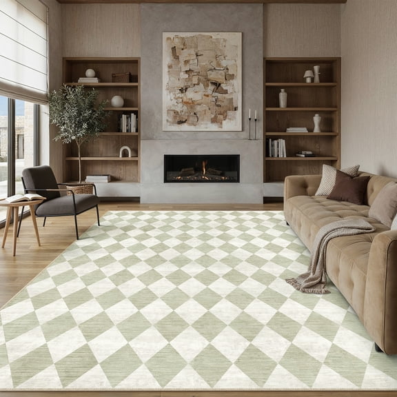 BERTHMEER 8'x10' Large Area Rugs for Living Room Modern Rhombus Checkered Rugs Bedroom Office Dining Room Farmhouse Geometric Contemporary Washable Non Slip Green Rugs Carpets, Light Green