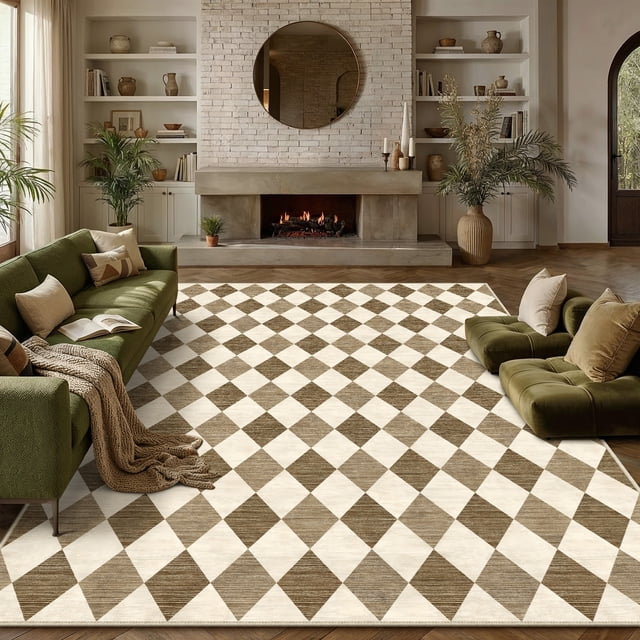 BERTHMEER 8'x10' Large Area Rugs for Living Room Modern Rhombus Checkered Rugs Bedroom Office Dining Room Farmhouse Geometric Contemporary Washable Non Slip Rugs Carpets, Coffee Brown