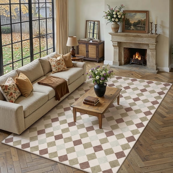 BERTHMEER 8'x10' Large Area Rugs for Living Room Modern Soft Checkered Rugs Bedroom Office Dining Room Farmhouse Geometric Contemporary Washable Non Slip Rugs Carpets, Gray & Green