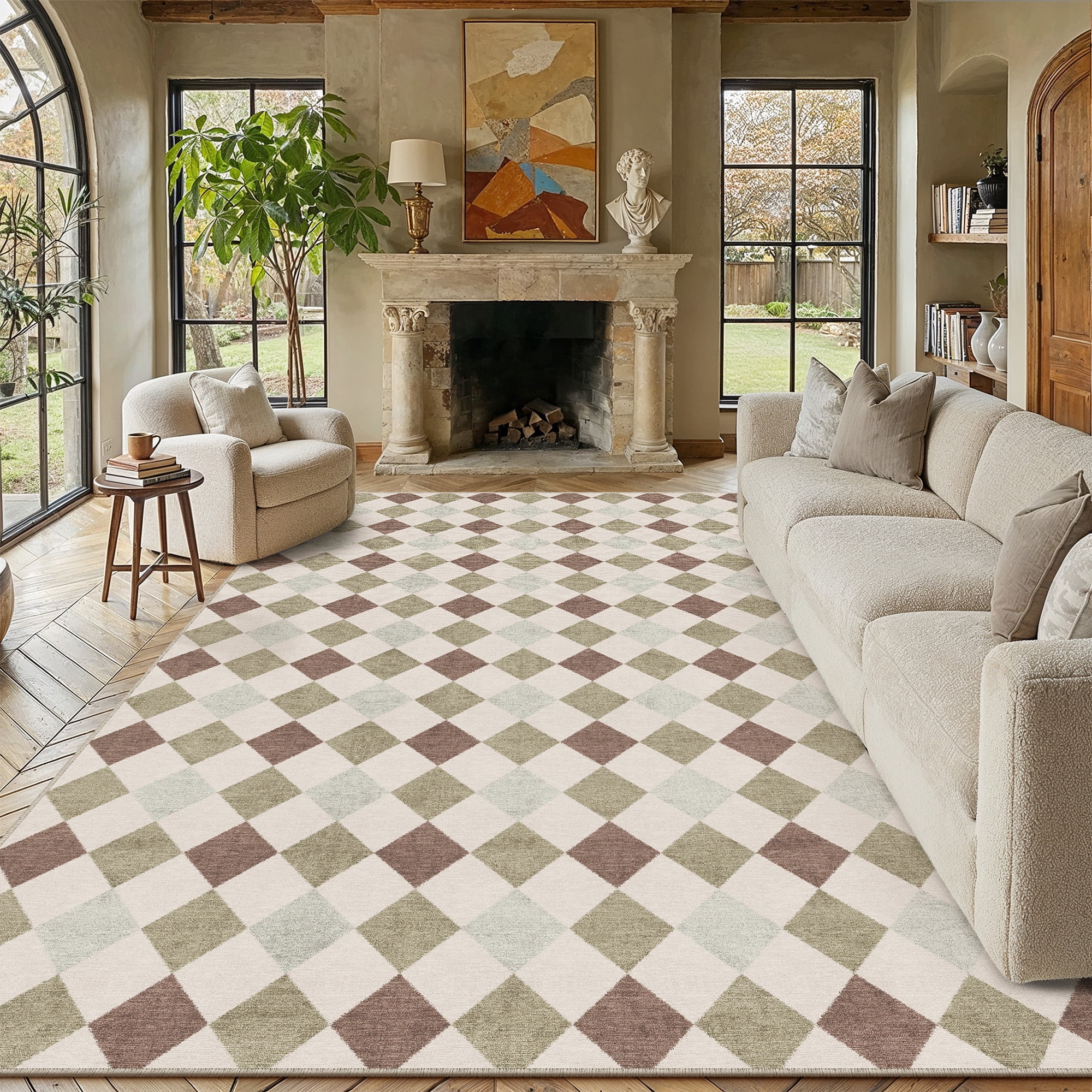 berthmeer 8'x10' large area rugs for living room modern soft checkered rugs bedroom office dining room farmhouse geometric contemporary washable non slip rugs carpets, gray & green