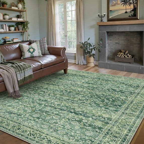 BERTHMEER 8'x10' Large Area Rugs for Living Room Vintage Green Carpets for Bedroom Office Machine Washable Farmhouse Dining Room Oriental Rugs Non Slip Traditional Floral Distressed Rugs