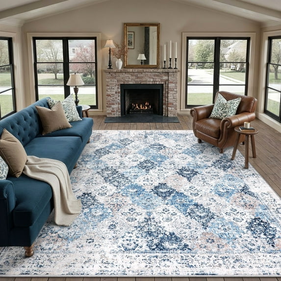 BERTHMEER 8'x10' Large Area Rugs for Living Room Bedroom Dining Room Farmhouse Vintage Distressed Oriental Rugs Washable non-slip, Blue