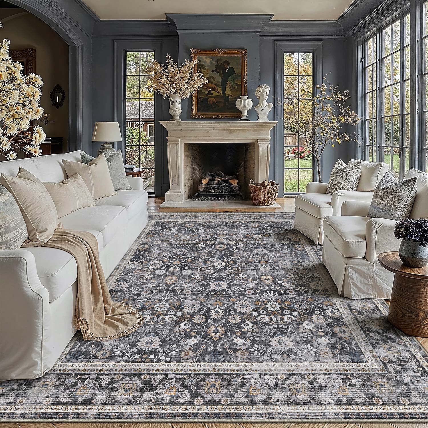 berthmeer 8'x10' large black area rugs vintage oriental traditional rugs for living room bedroom dining room farmhouse machine washable non-slip