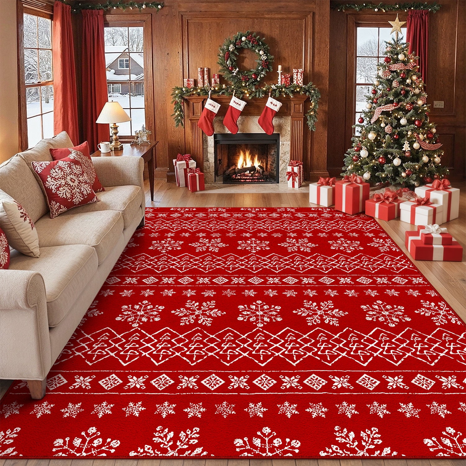BERTHMEER 8'x10' Large Christmas Area Rugs for Living Room Kitchen Bathroom Bedroom Dining Room Entryway Laundry Room Washable Rugs Non-slip Boho Red Throw Rugs
