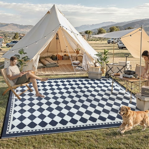 BERTHMEER 8'x10' Large Outdoor Rugs Waterproof Plastic Rugs Checkered Patio Rugs Straw Rugs Camping Rugs, Porch,Deck Rugs, RV Rugs for outside, Deep Blue
