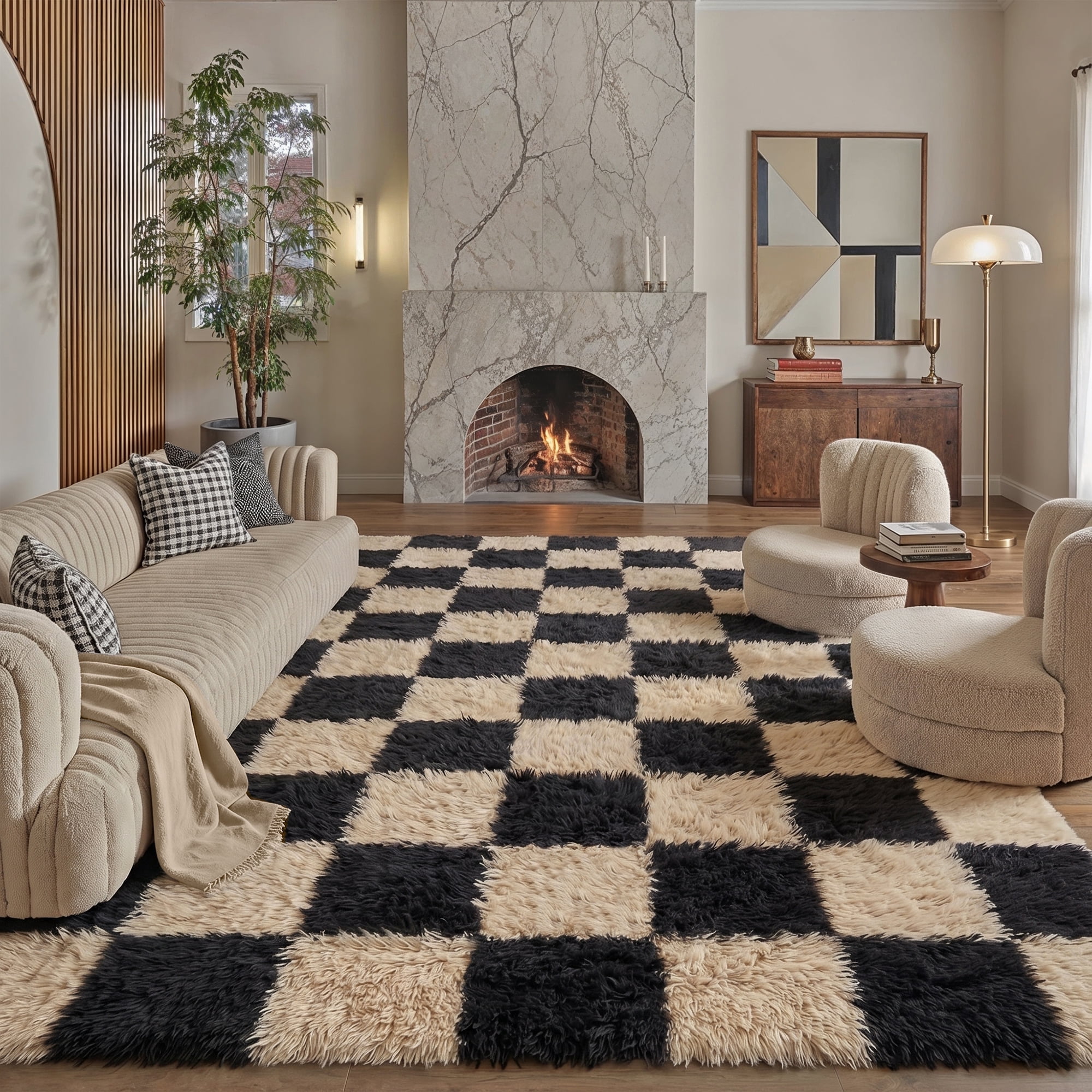 BERTHMEER 8'x10' Large Shag Area Rugs for Living Room Bedroom Dining Room Office Farmhouse Modern Checkered Contemporary Plush Soft Carpets Indoor Fuzzy Fluffy Washable Rugs, Black