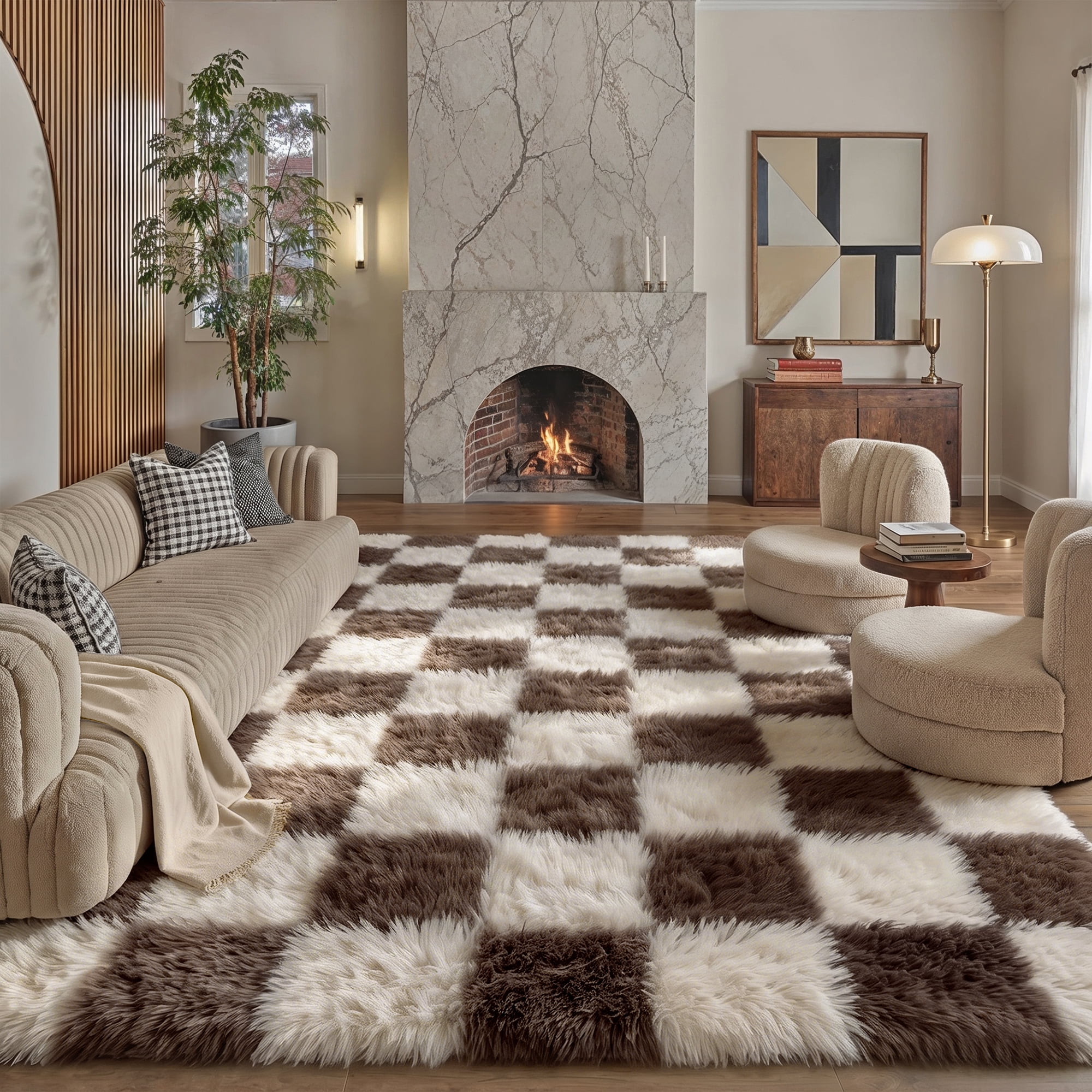 berthmeer 8'x10' large shag area rugs for living room bedroom dining room office farmhouse modern checkered contemporary plush soft carpets indoor fuzzy fluffy washable rugs, mocha brown