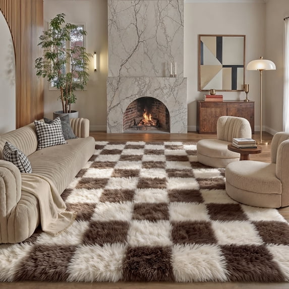 BERTHMEER 8'x10' Large Shag Area Rugs for Living Room Bedroom Dining Room Office Farmhouse Modern Checkered Contemporary Plush Soft Carpets Indoor Fuzzy Fluffy Washable Rugs, Mocha Brown