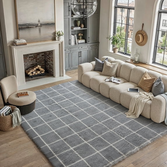 BERTHMEER 8'x10' Large Shag Area Rugs for Living Room Bedroom Dining Room Office Farmhouse Modern Checkered Contemporary Plush Soft Carpets Indoor Fuzzy Fluffy Washable Rugs, Gray