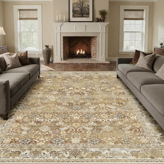 BERTHMEER 8'x10' Large Taupe Vintage Oriental Traditional Floral Area Rugs for Living Room Bedroom Dining Room Farmhouse Machine Washable Non-slip