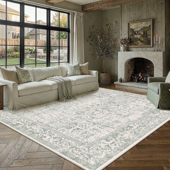 BERTHMEER 8'x10' Oriental Area Rugs Washable Vintage Rugs for Living Room Farmhouse Dining Room Office Throw Rugs Non-slip, Green