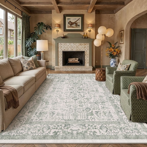 BERTHMEER 8'x10' Oriental Area Rugs Washable Vintage Rugs for Living Room Farmhouse Dining Room Office Throw Rugs Non-slip, Green