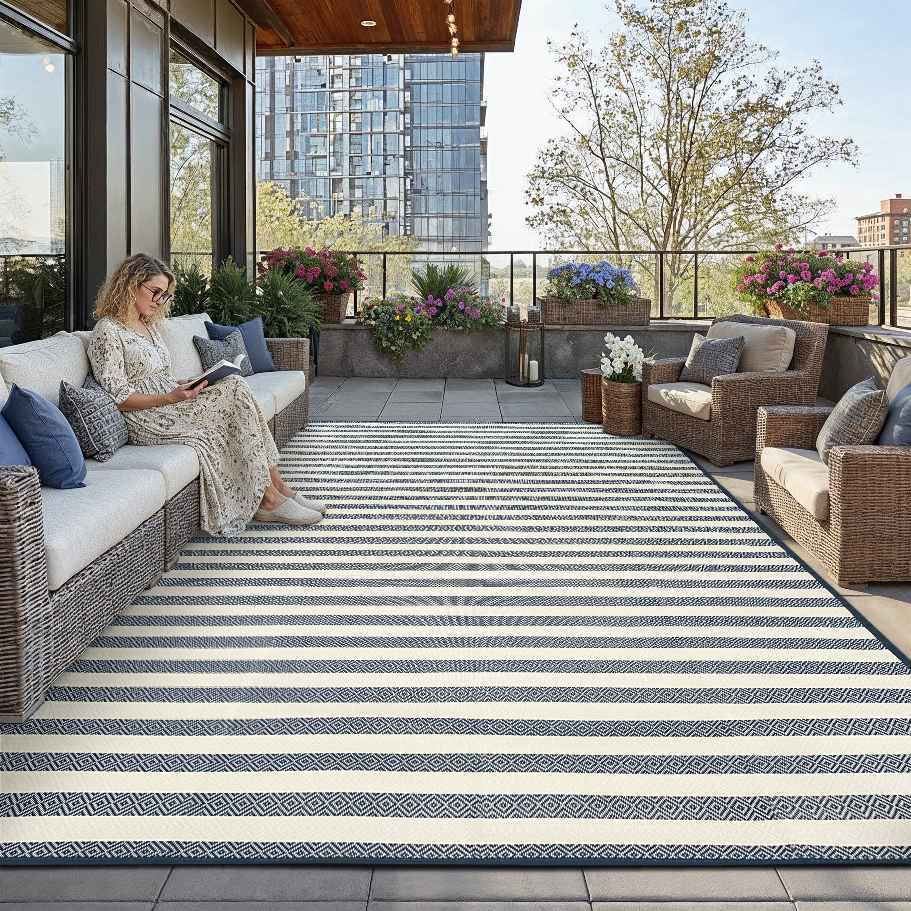 BERTHMEER 8'x10' Outdoor Rug on Sale Clearance,Waterproof Reversible Patio Rug for Deck,RV,Blue Multi White Stripes