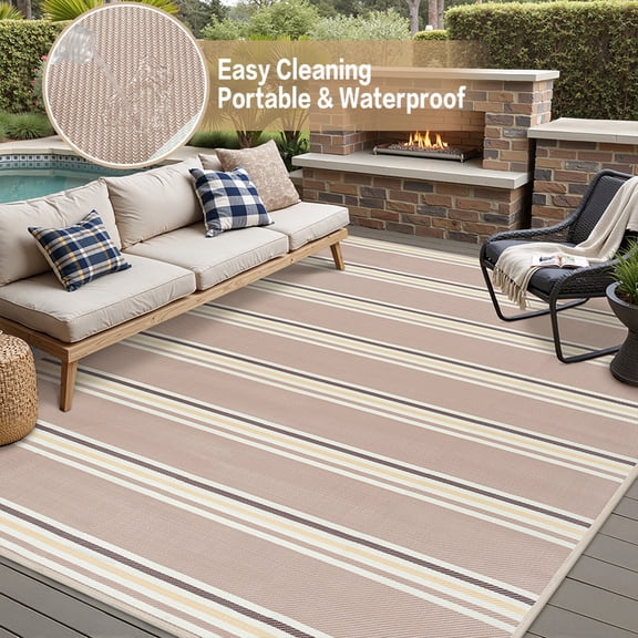 BERTHMEER 8'x10' Outdoor Rugs on Sale Clearance Waterproof Patio Rugs Plastic Straw Rugs for Camping Porch Deck RV Rugs outside,Beige Coffee Color Multi-color