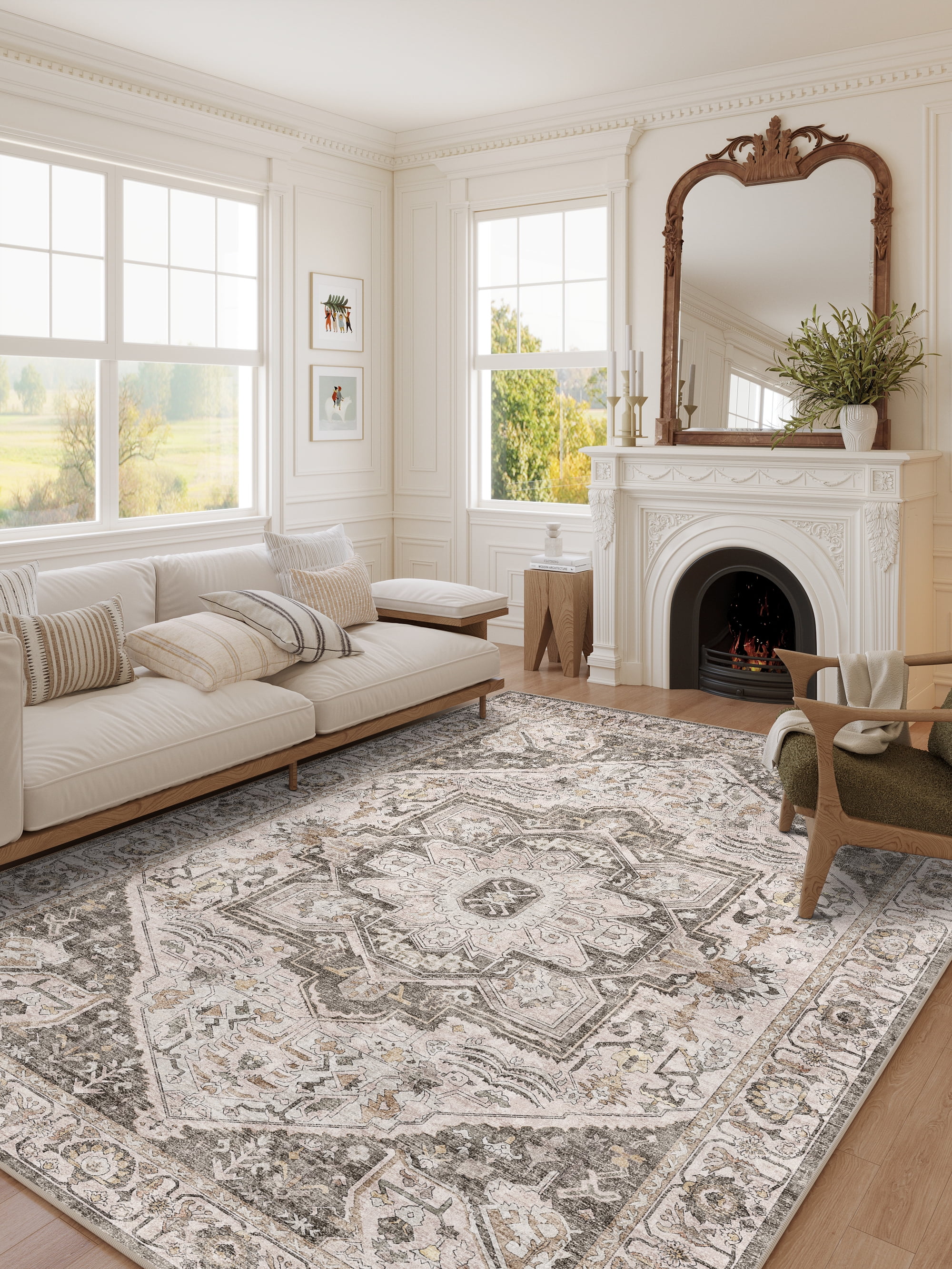 BERTHMEER 8'x10' Vintage Area Rugs for Living Room Bedroom Dining Room Office Farmhouse Retro Traditional Non-slip, Brown Multi