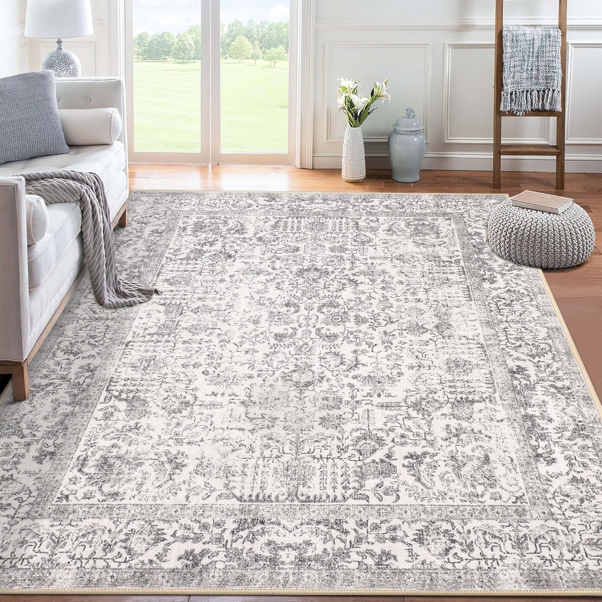 BERTHMEER 8'x10' Washable Large Area Rugs indoor Vintage Oriental Distressed Rugs Carpets for Living Room Bedroom Dining Room Office Throw Rugs Non-slip, Gray