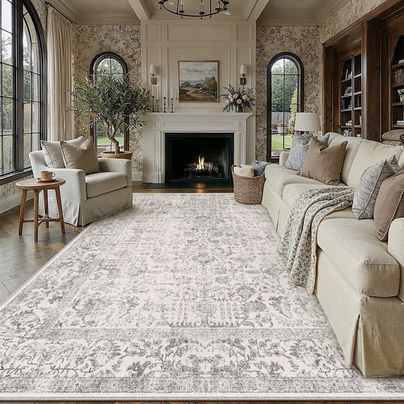BERTHMEER 8'x10' Washable Large Area Rugs indoor Vintage Oriental Distressed Rugs Carpets for Living Room Bedroom Dining Room Office Throw Rugs Non-slip, Gray