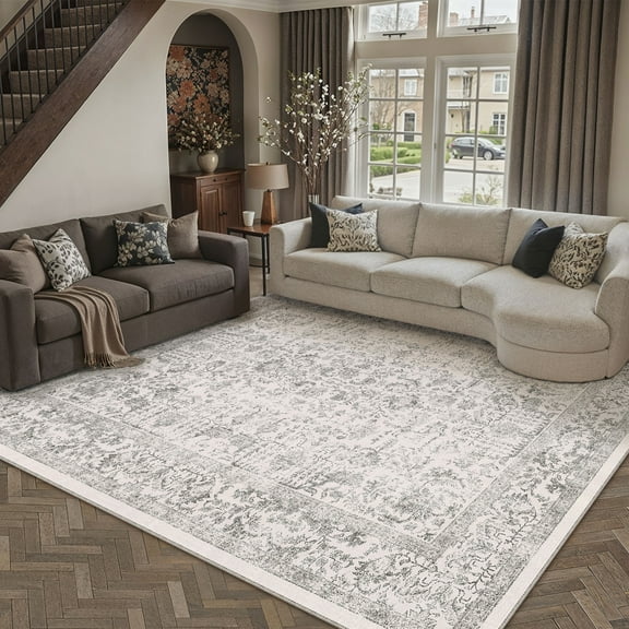 BERTHMEER 8'x10' Washable Large Area Rugs indoor Vintage Oriental Distressed Rugs Carpets for Living Room Bedroom Dining Room Office Throw Rugs Non-slip, Gray