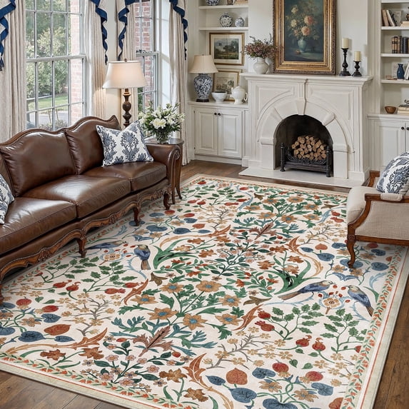 BERTHMEER Large 8'x10' Area Rugs for Living Room Rugs for Bedroom Kitchen Office Rugs Vintage Beige Floral Carpets Machine Washable Farmhouse Dining Room Oriental Flower Non Slip Rugs, Multicolor