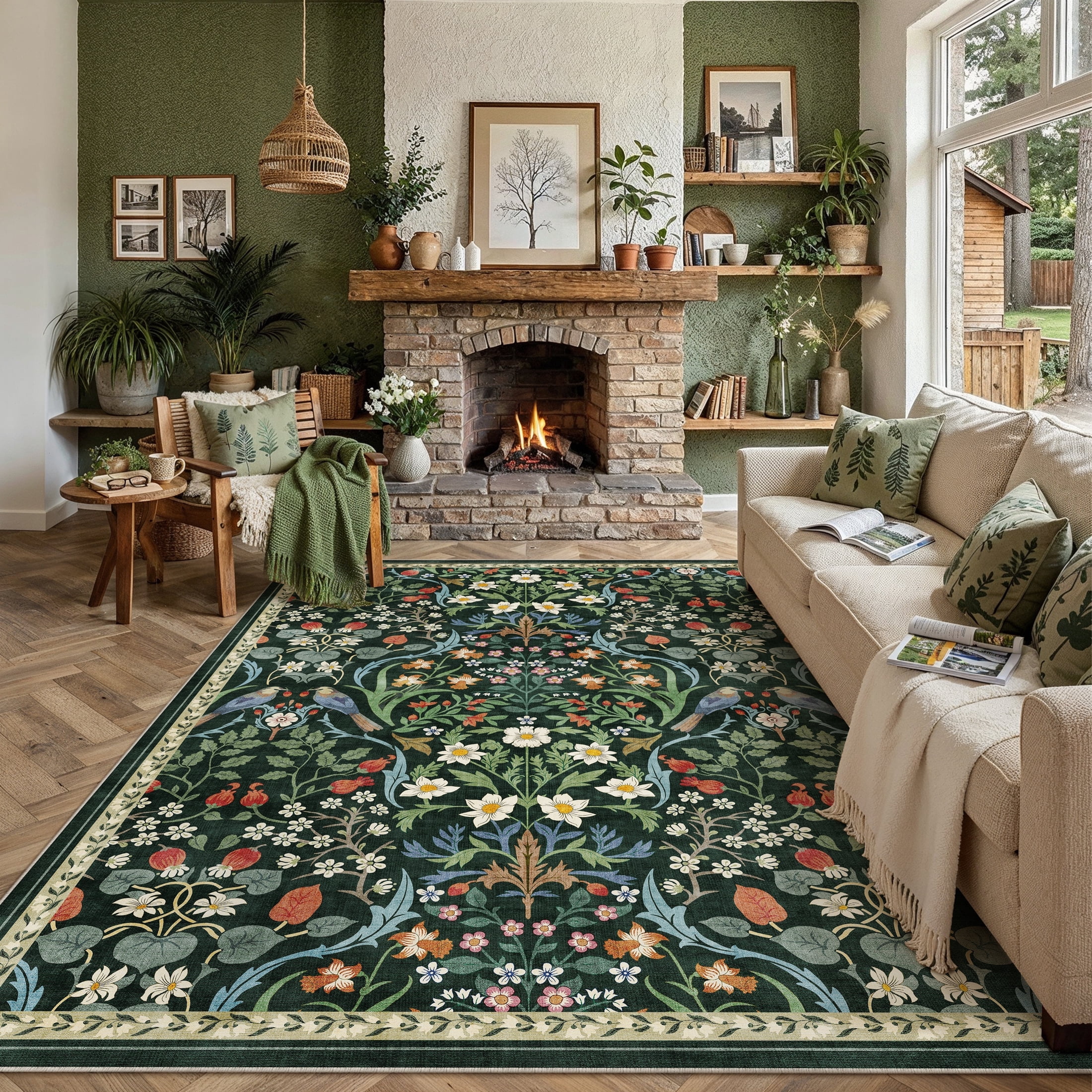 BERTHMEER 8'x10' Area Rugs Washable Non Slip Floral Carpets for Living Room Bedroom Kitchen Office Large Rugs Vintage Green Farmhouse Dining Room Oriental Flower Rugs, Multicolor
