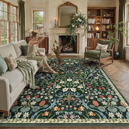 BERTHMEER Area Rugs for Living Room 8x10 Area Rug Green Flora Rug Flower Washable Non Slip Vintage Rug for Bedroom Farmhouse Office Dining Room