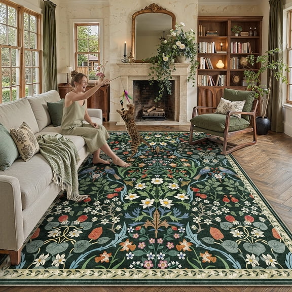 BERTHMEER Area Rugs for Living Room 8x10 Area Rug Green Flora Rug Flower Washable Non Slip Vintage Rug for Bedroom Farmhouse Office Dining Room