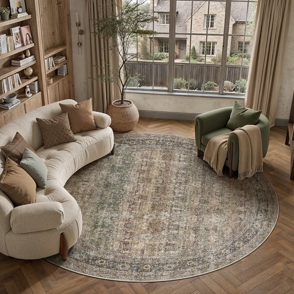 BERTHMEER 8'x8' Round Area Rugs for Living Room Dining Room Bedroom Office Oriental Floral Vintage Farmhouse Machine Washable Non-slip Traditional Distressed Carpets, Brown