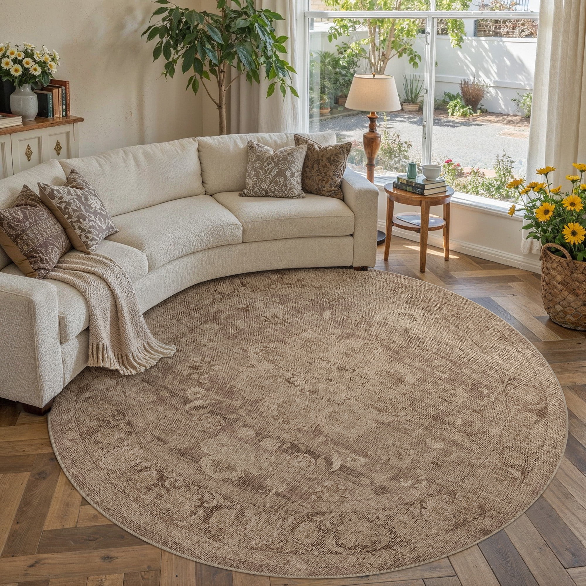 berthmeer 8'x8' round area rugs for living room dining room bedroom office oriental floral vintage farmhouse machine washable non-slip traditional distressed carpets, brown