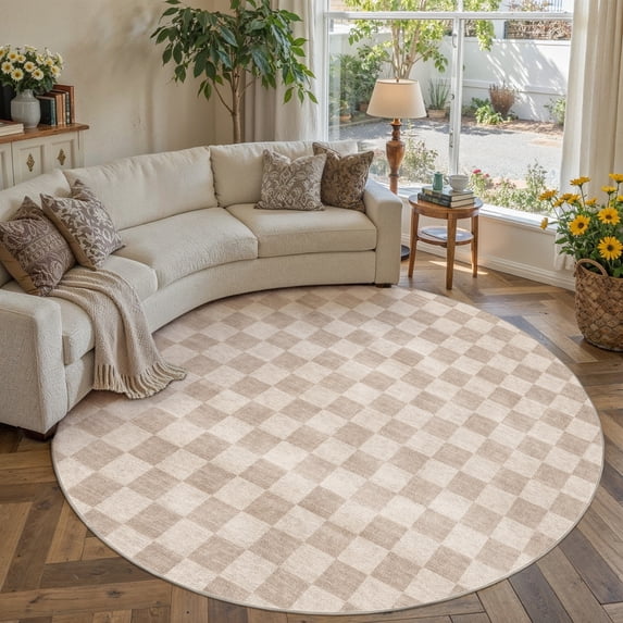 BERTHMEER 8'x8' Round Area Rugs for Living Room Dining Room Bedroom Geometric Modern Checkered Farmhouse Carpets Non Slip Machine Washable, Brown