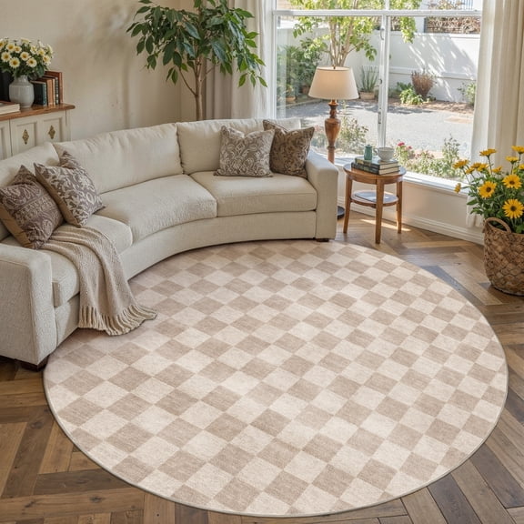 BERTHMEER 8'x8' Round Area Rugs for Living Room Dining Room Bedroom Geometric Modern Checkered Farmhouse Carpets Non Slip Machine Washable, Brown