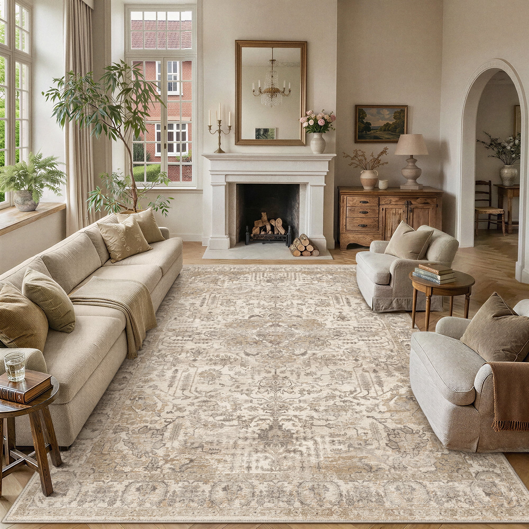 BERTHMEER 8x10 Area Rugs for Living Room Bedroom Vintage Beige Dining Room Farmhuose Large Carpets Washable Non-Slip Soft Low Pile Traditional Distressed Oriental Indoor for Office Playroom