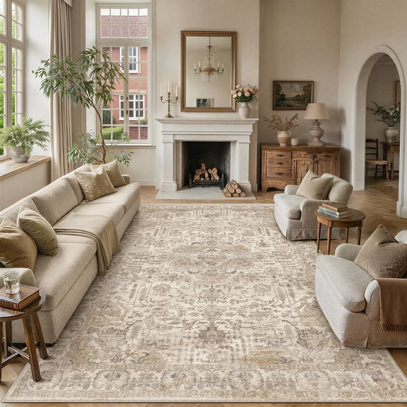 BERTHMEER 8x10 Area Rugs for Living Room Bedroom Vintage Beige Dining Room Farmhuose Large Carpets Washable Non-Slip Soft Low Pile Traditional Distressed Oriental Indoor for Office Playroom