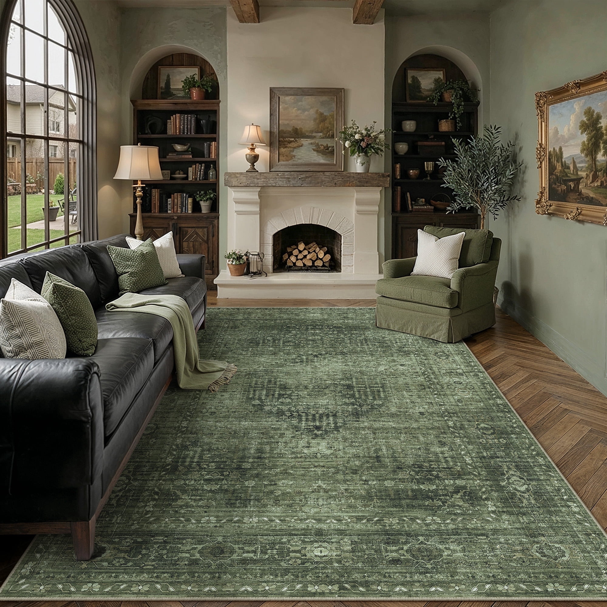 BERTHMEER 8x10 Area Rugs for Living Room Bedroom Vintage Green Dining Room Farmhuose Large Carpets Washable Non-Slip Soft Low Pile Traditional Distressed Oriental Indoor for Office Playroom