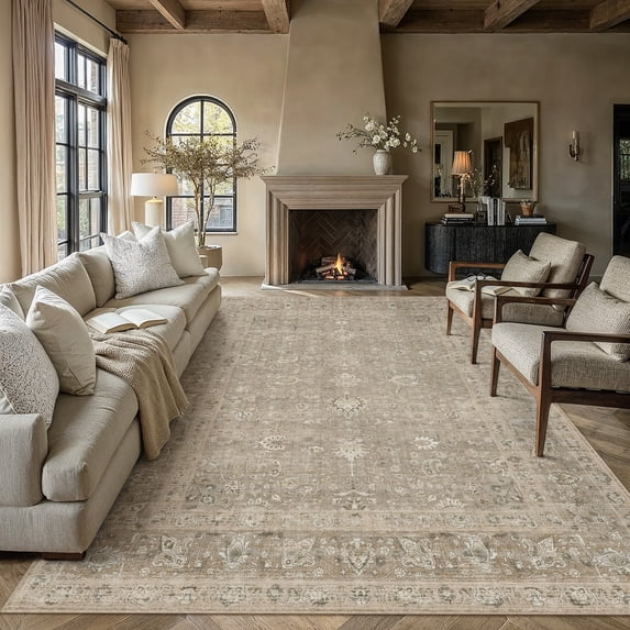 BERTHMEER 9'×12' Large Area Rugs for Living Room Bedroom Dining Room Office Oriental Floral Vintage Farmhouse Machine Washable Non-slip Traditional Distressed Rugs, Brown