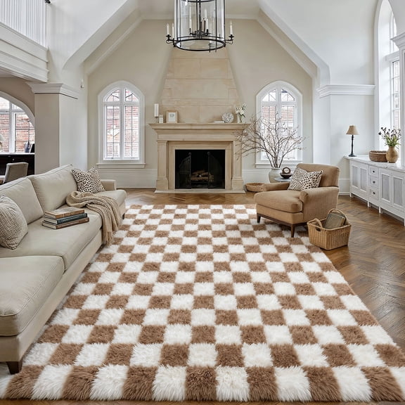 BERTHMEER 9'x12' Shag Area Rugs for Living Room Bedroom Bedroom Fluffy Rugs Geometric Checkered Contemporary Rugs Carpets,Brown White