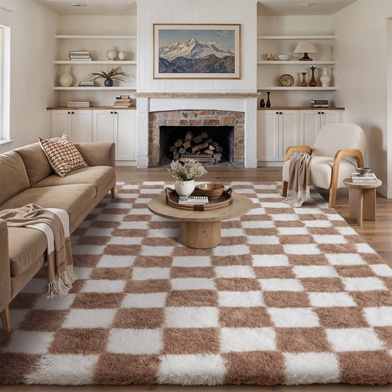 BERTHMEER 9'x12' Shag Area Rugs for Living Room Bedroom Bedroom Fluffy Rugs Geometric Checkered Contemporary Rugs Carpets,Brown White