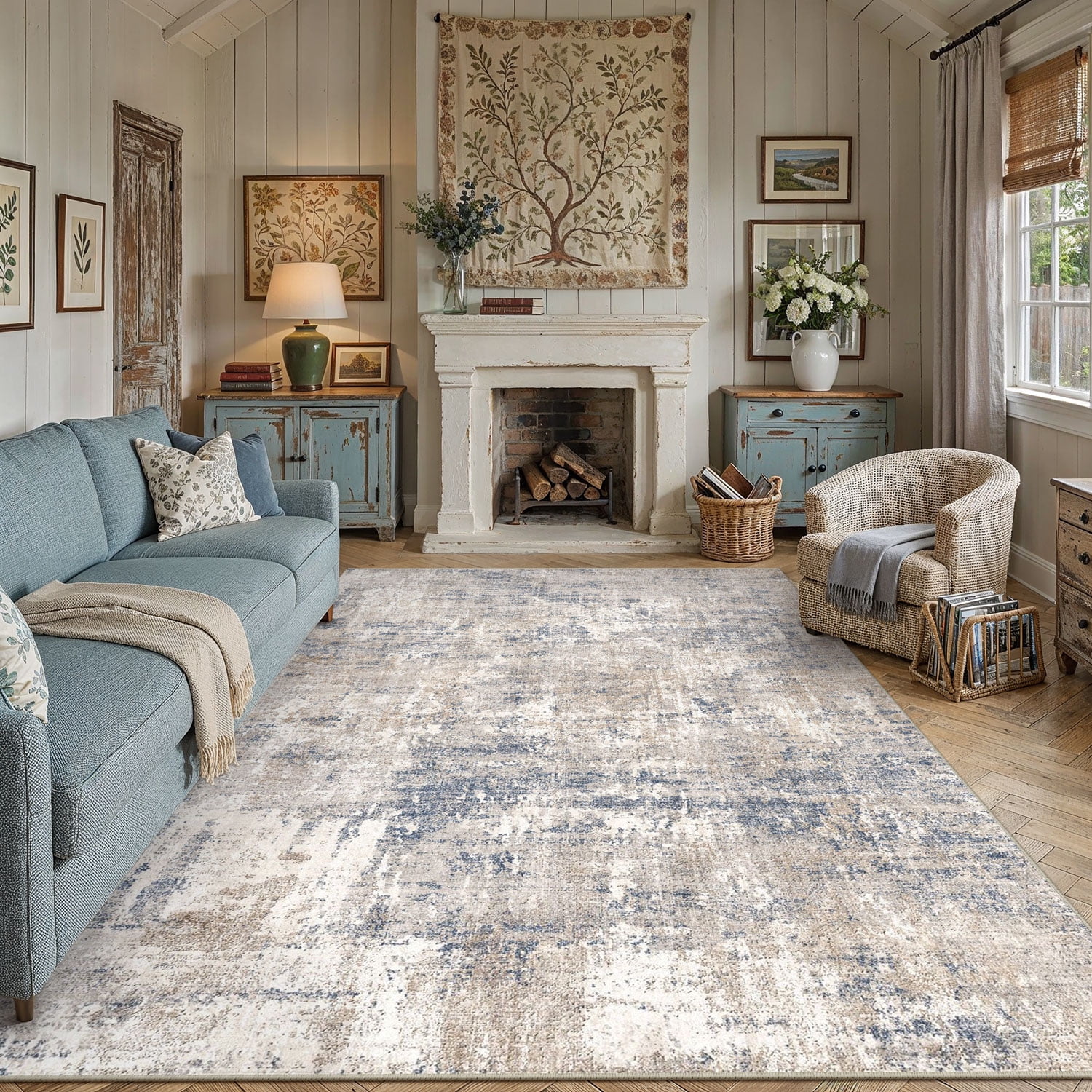 BERTHMEER 9'x12' Abstract Area Rugs for Living Room Bedroom Dining Room Office Farmhouse Distressed Machine Washable Non-slip, Blue