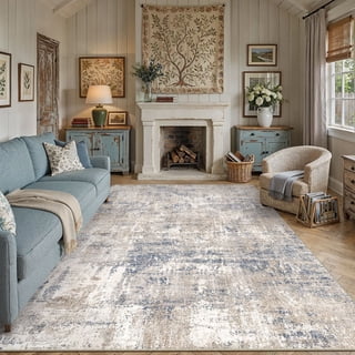 BERTHMEER 9'x12' Abstract Area Rugs for Living Room Bedroom Dining Room Office Farmhouse Distressed Machine Washable Non-slip, Blue