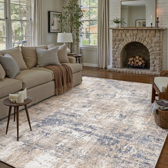 BERTHMEER 9'x12' Abstract Area Rugs for Living Room Bedroom Dining Room Office Farmhouse Distressed Machine Washable Non-slip, Blue