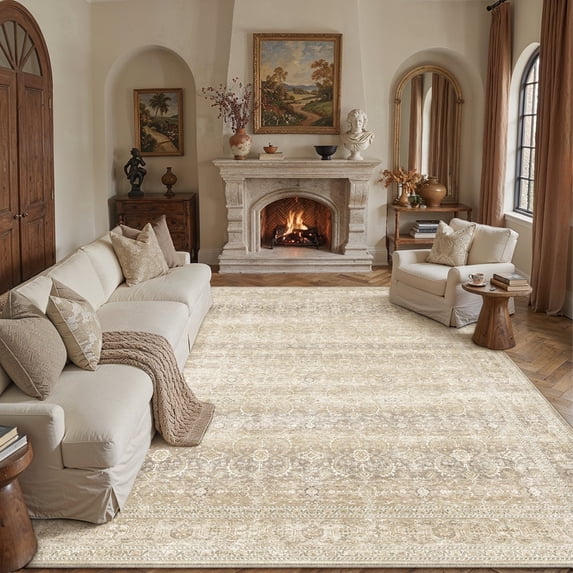 BERTHMEER 9'x12' Area Rugs for Living Room Bedroom Beige Vintage Non Slip Washable Large Farmhouse Office Dining Room Oriental Traditional Distressed Carpets