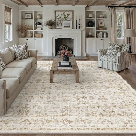 BERTHMEER 9'x12' Area Rugs for Living Room Bedroom Beige Vintage Non Slip Washable Large Farmhouse Office Dining Room Oriental Traditional Distressed Carpets