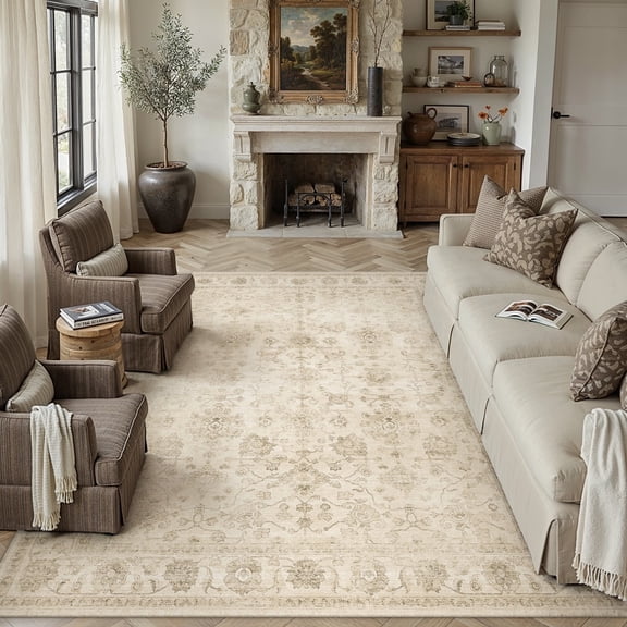 BERTHMEER 9'x12' Area Rugs for Living Room Bedroom Beige Vintage Non Slip Washable Large Farmhouse Office Dining Room Oriental Traditional Distressed Rugs