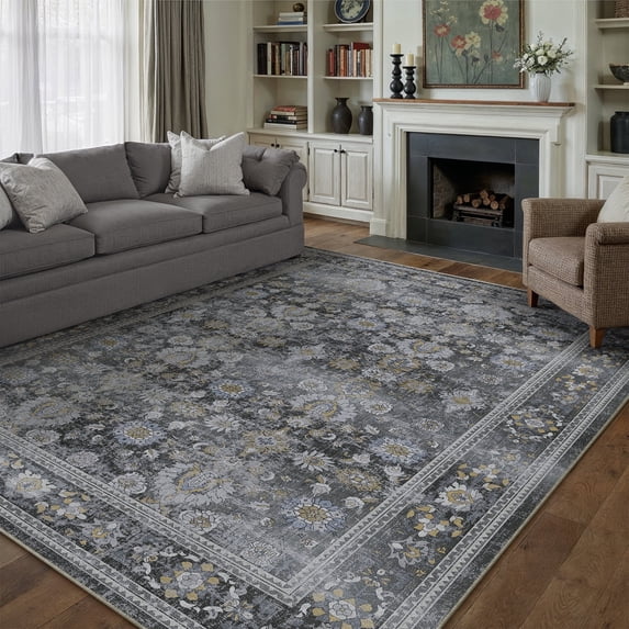 BERTHMEER 9'x12' Area Rugs for Living Room Bedroom Black Vintage Non Slip Washable Large Farmhouse Office Dining Room Oriental Traditional Distressed Carpets