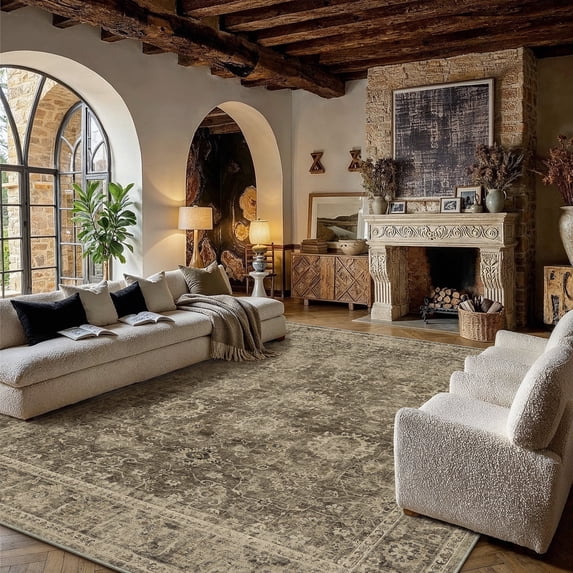 BERTHMEER 9'x12' Area Rugs for Living Room Bedroom Brown Vintage Non Slip Washable Large Farmhouse Office Dining Room Oriental Traditional Distressed Rugs