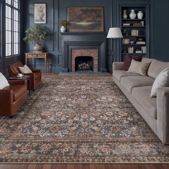 BERTHMEER 9'x12' Area Rugs for Living Room Bedroom Dining Room Farmhouse Machine Washable Non Slip Vintage Oriental Traditional Rugs Carpets,Blue Brown