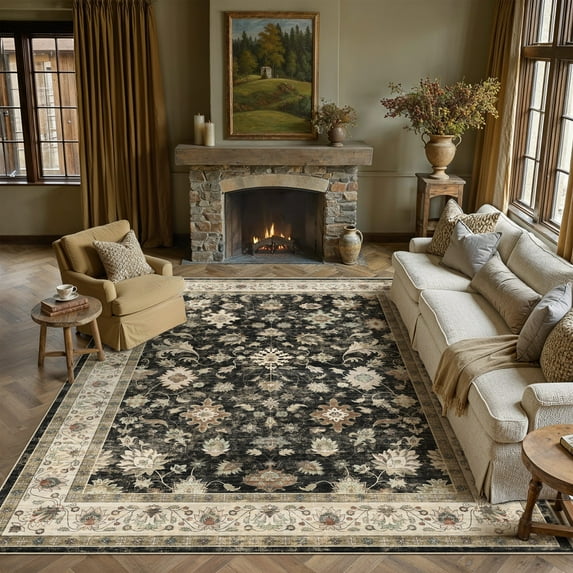 BERTHMEER 9'x12' Area Rugs for Living Room Bedroom Dining Room Farmhouse Vintage Oriental Traditional Large Rugs Machine Washable Non-slip Rugs Carpets,Black